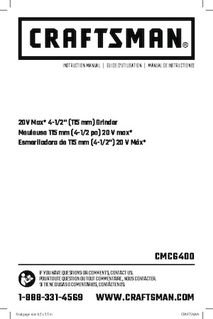 Vezetéknélküli sarokcsiszolók Craftsman CMCG400B