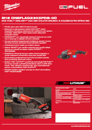 Vezetéknélküli sarokcsiszolók Milwaukee M18 ONEFLAG230XPDB-0C