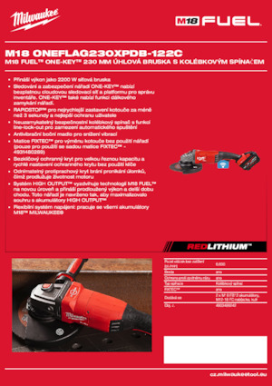 Vezetéknélküli sarokcsiszolók Milwaukee M18 ONEFLAG230XPDB-122C