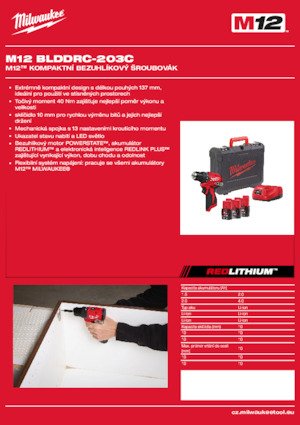 Vezetéknélküli fúrók és csavarbehajtók Milwaukee M12 BLDDRC-203C