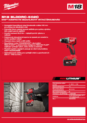 Vezetéknélküli fúrók és csavarbehajtók Milwaukee M18 BLDDRC-502C