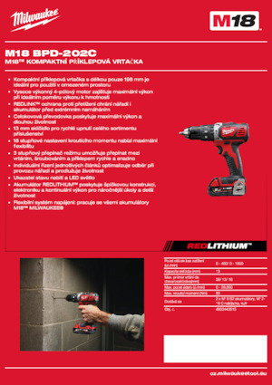 Vezetéknélküli fúrók és csavarbehajtók Milwaukee M18 BPD-202C