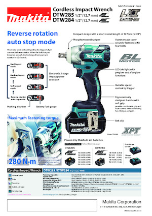 Vezetéknélküli ütvecsavarozók és csavarkulcsok Makita DTW285 