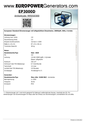 Dízel generátorok Europower EP3000D (MA)
