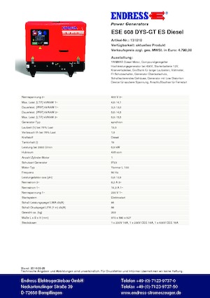 Benzines generátorok Endress ESE 608 DYS-GT ES DI