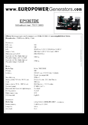 Dízel generátorok Europower EP130TDE (LS)
