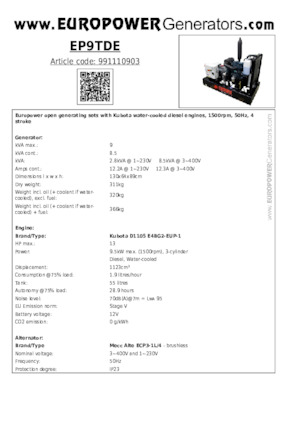 Dízel generátorok Europower EP9TDE (MA)