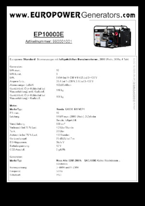 Benzines generátorok Europower EP10000E (MA)