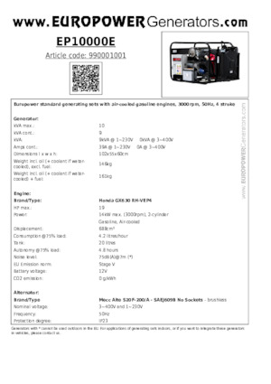 Benzines generátorok Europower EP10000E (MA)