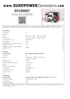 Benzines generátorok Europower EP10000T (S)