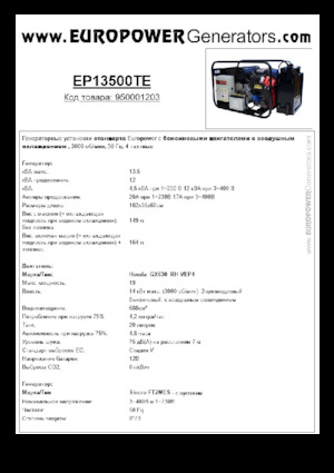 Benzines generátorok Europower EP13500TE (S)