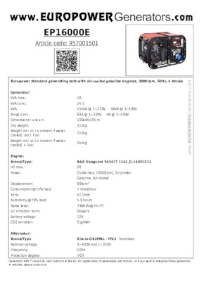 Benzines generátorok Europower EP16000E (S)