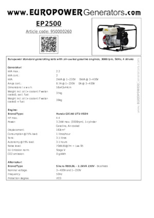Benzines generátorok Europower EP2500 (S)
