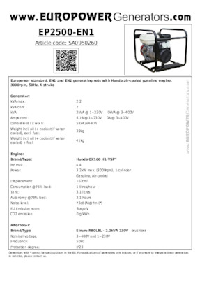 Benzines generátorok Europower EP2500-EN1 (S)