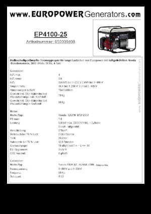 Benzines generátorok Europower EP4100-25 (S)