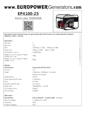 Benzines generátorok Europower EP4100-25 (S)