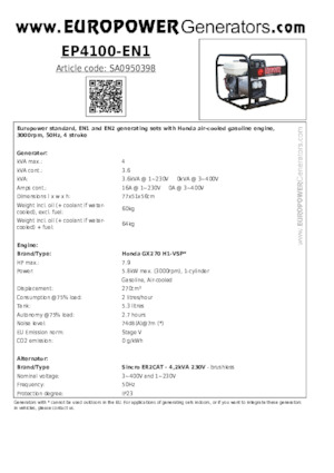 Benzines generátorok Europower EP4100-EN1 (S)