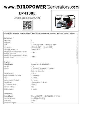 Benzines generátorok Europower EP4100E (S)