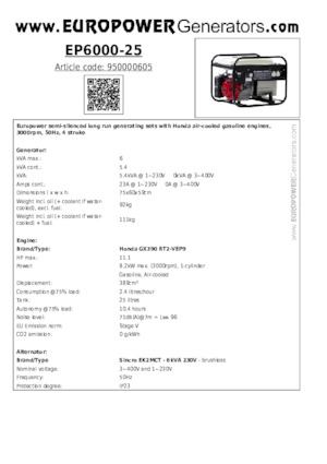 Benzines generátorok Europower EP6000-25 (S)