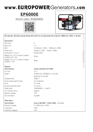 Benzines generátorok Europower EP6000E (S)
