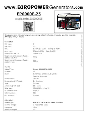 Benzines generátorok Europower EP6000E-25 (S)