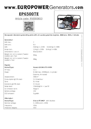 Benzines generátorok Europower EP6500TE (S)
