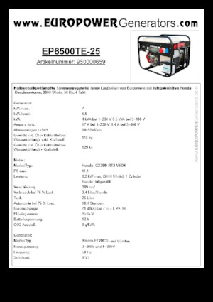 Benzines generátorok Europower EP6500TE-25 (S)