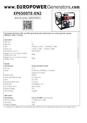 Benzines generátorok Europower EP6500TE-EN2 (S)