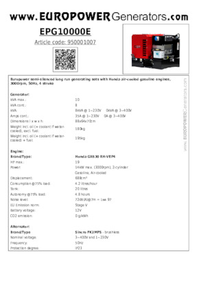 Benzines generátorok Europower EPG10000E (S)