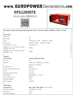 Benzines generátorok Europower EPS12000TE (MA)