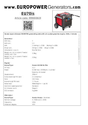 Benzines generátorok Europower EU70is