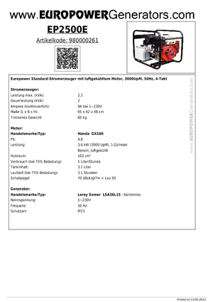 Benzines generátorok Europower EP 2500 E (LS)