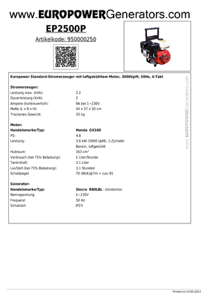 Benzines generátorok Europower EP2500P (S)