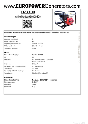 Benzines generátorok Europower EP 3300 MA