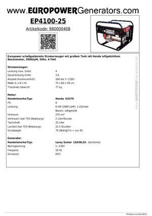 Benzines generátorok Europower EP 4100/25 (LS)