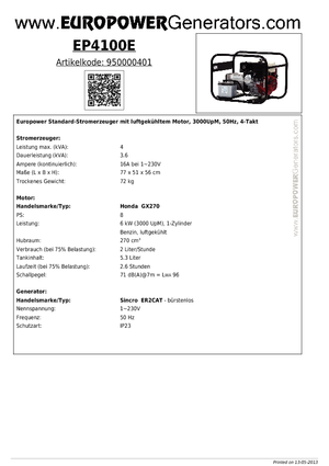 Benzines generátorok Europower EP4100E (S)