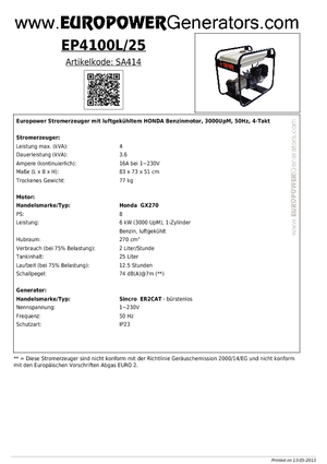 Benzines generátorok Europower EP 4100 L