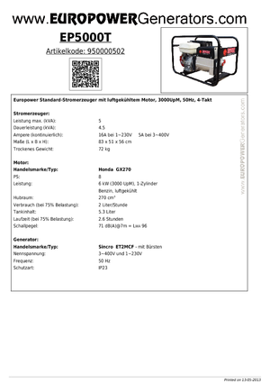 Benzines generátorok Europower EP5000T (S)