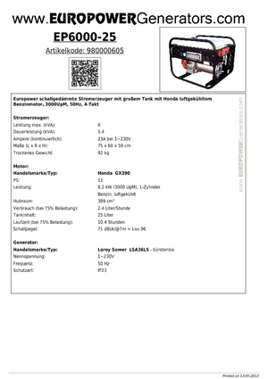 Benzines generátorok Europower EP 6000/25 (LS)