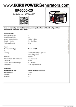 Benzines generátorok Europower EP6000-25 (S)