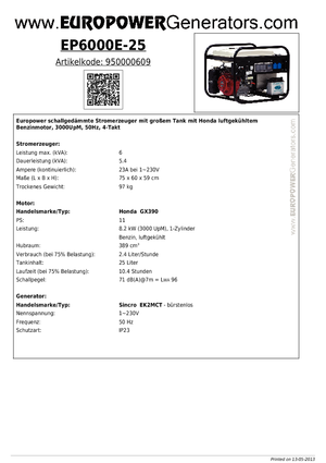 Benzines generátorok Europower EP6000E-25 (S)