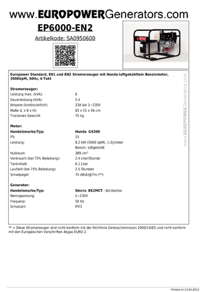 Benzines generátorok Europower EP 6000 EN2 (S)