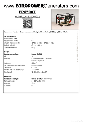 Benzines generátorok Europower EP6500T (S)