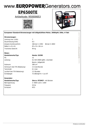 Benzines generátorok Europower EP6500TE (S)