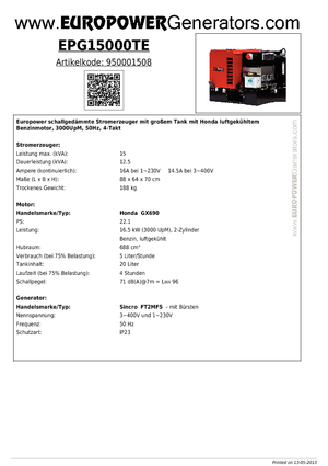 Benzines generátorok Europower EPG15000TE (S)
