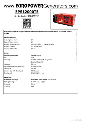 Benzines generátorok Europower EPS12000TE (MA)