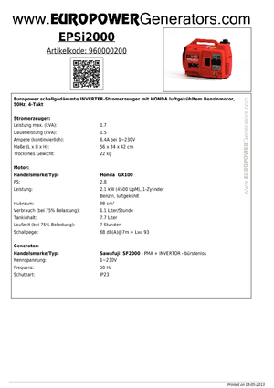 Benzines generátorok Europower EPSi2000 (Sa)