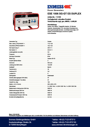 Benzines generátorok Endress ESE 1006 SG-GT ES Duplex