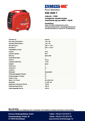 Benzines generátorok Endress ESE 2000 T Silent