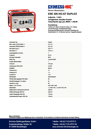Benzines generátorok Endress ESE 306 HG-GT Duplex
